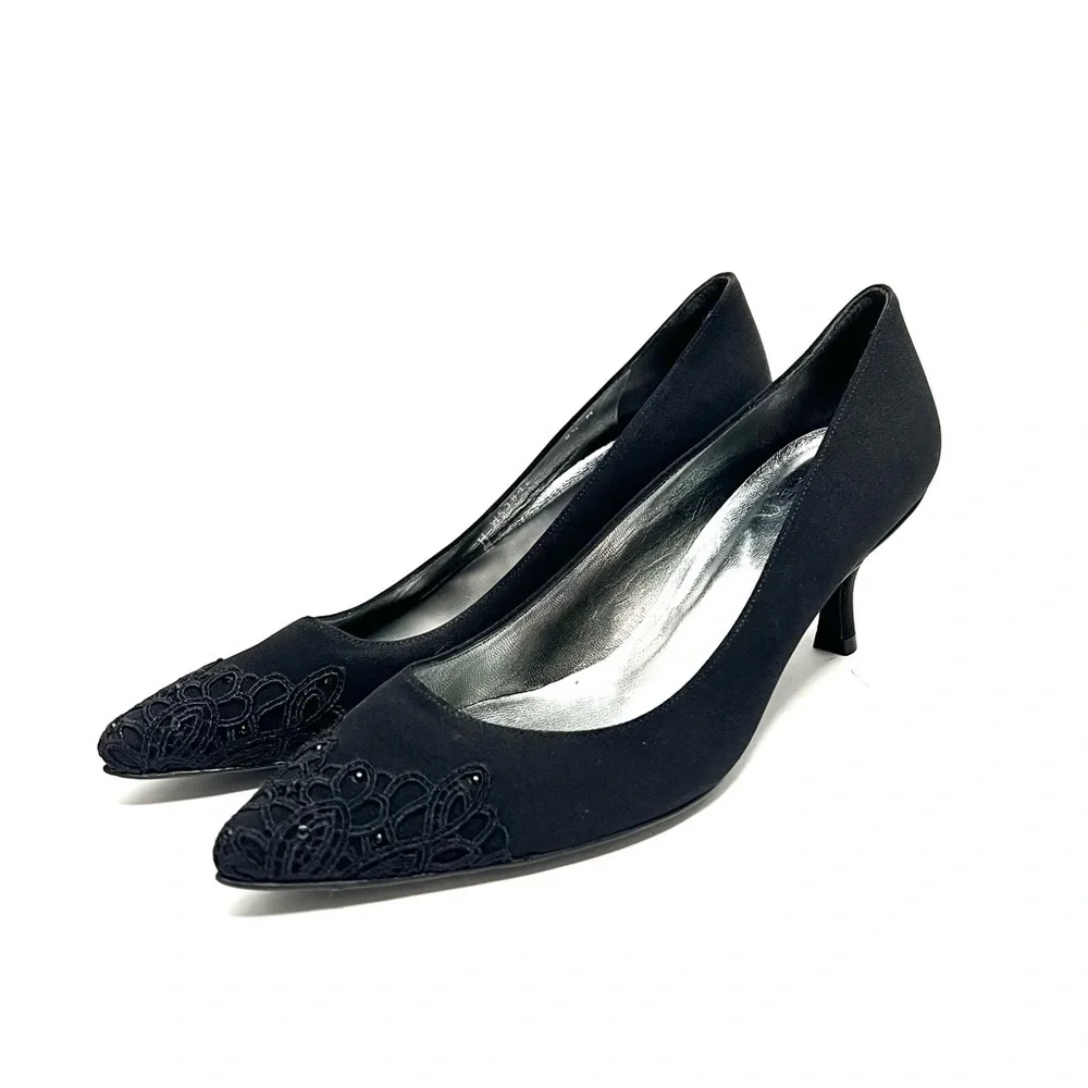 Vintage 1990s deadstock black nylon rhinestone lace pointed toe kitten heels